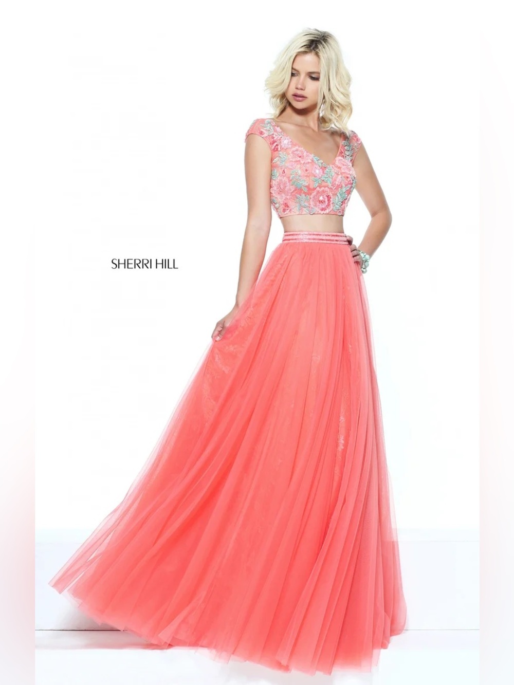 Sherri Hill Coral Pink Embroidered Two-Piece Gown